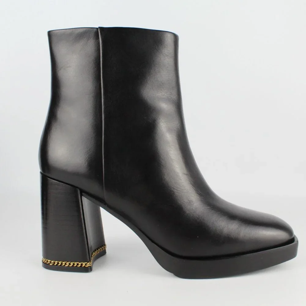New TORY BURCH Ruby High Block Heel Chain Leather Booties, Black, US 8.5